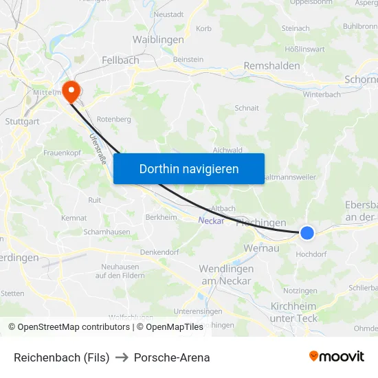 Reichenbach (Fils) to Porsche-Arena map