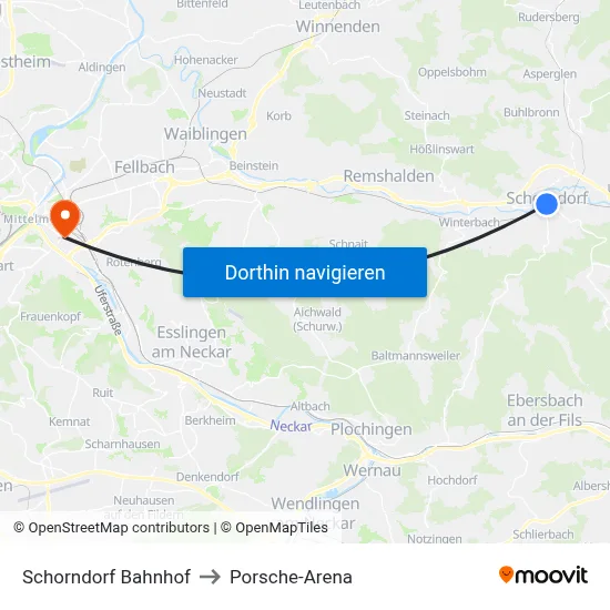 Schorndorf Bahnhof to Porsche-Arena map