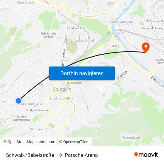 Schwab-/Bebelstraße to Porsche-Arena map