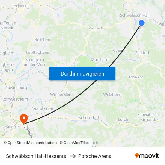 Schwäbisch Hall-Hessental to Porsche-Arena map