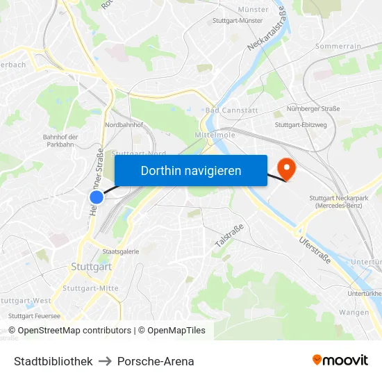 Stadtbibliothek to Porsche-Arena map