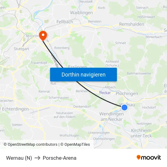 Wernau (N) to Porsche-Arena map