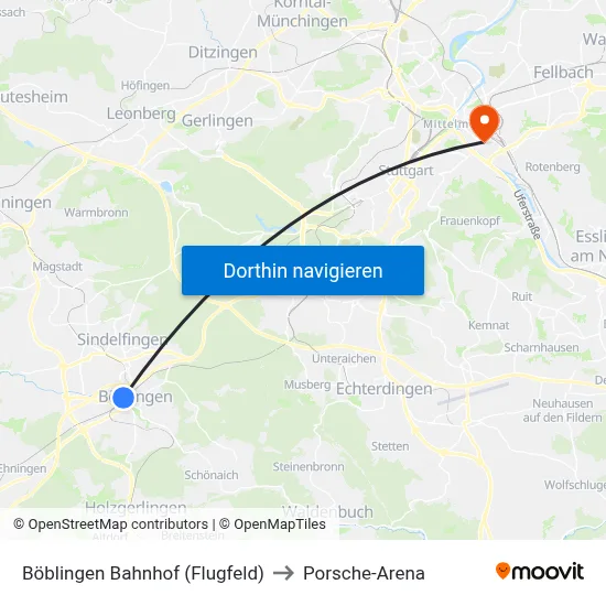 Böblingen Bahnhof (Flugfeld) to Porsche-Arena map