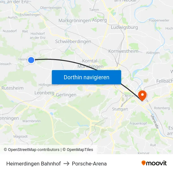 Heimerdingen Bahnhof to Porsche-Arena map