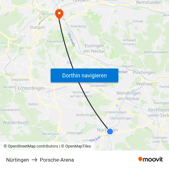 Nürtingen to Porsche-Arena map