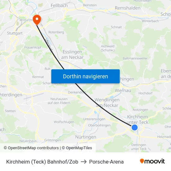 Kirchheim (Teck) Bahnhof/Zob to Porsche-Arena map
