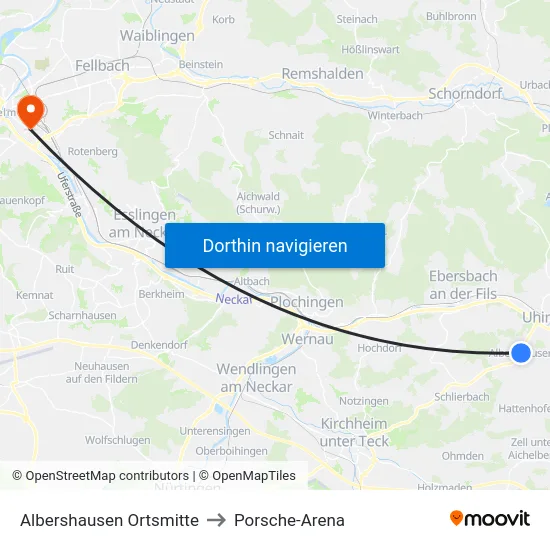 Albershausen Ortsmitte to Porsche-Arena map