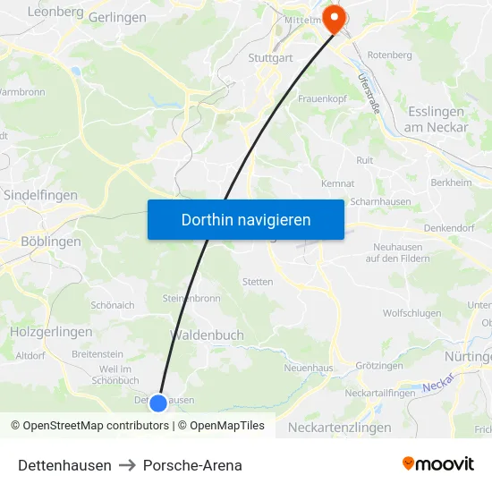 Dettenhausen to Porsche-Arena map