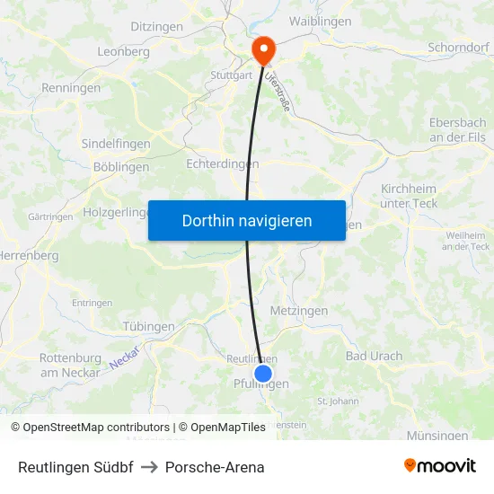 Reutlingen Südbf to Porsche-Arena map