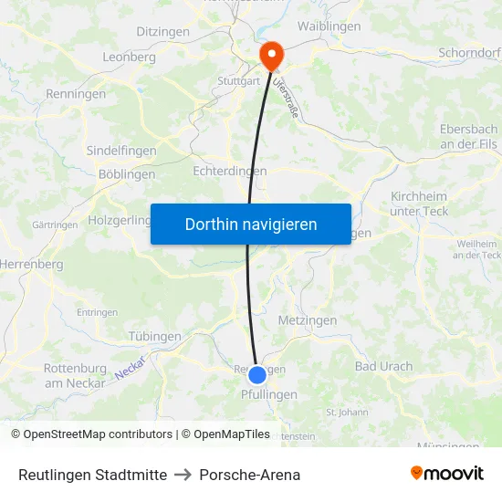 Reutlingen Stadtmitte to Porsche-Arena map