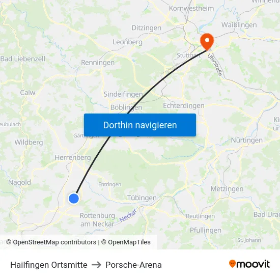 Hailfingen Ortsmitte to Porsche-Arena map