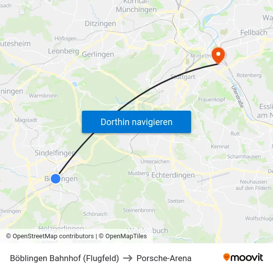 Böblingen Bahnhof (Flugfeld) to Porsche-Arena map