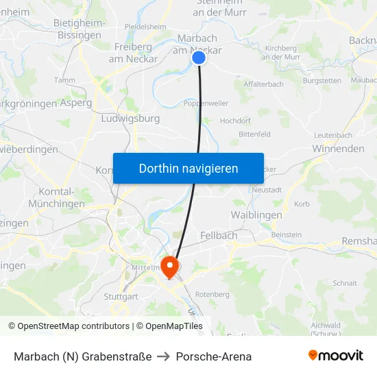 Marbach (N) Grabenstraße to Porsche-Arena map