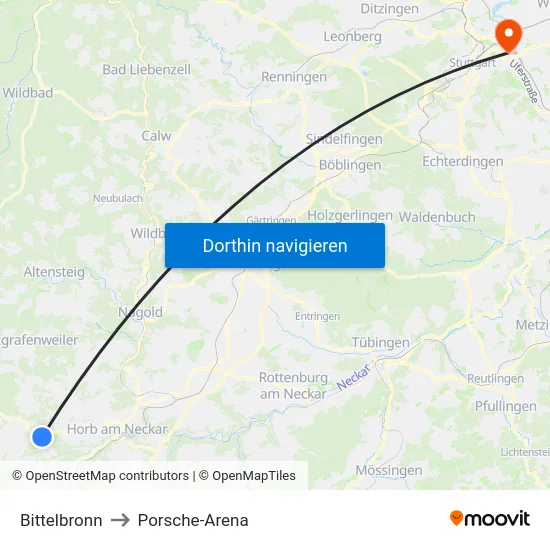Bittelbronn to Porsche-Arena map