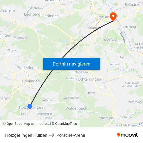 Holzgerlingen Hülben to Porsche-Arena map