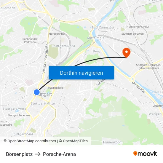 Börsenplatz to Porsche-Arena map
