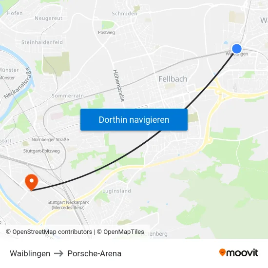 Waiblingen to Porsche-Arena map