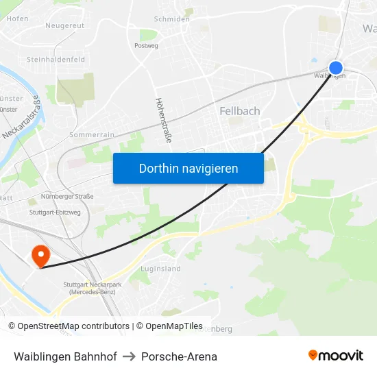 Waiblingen Bahnhof to Porsche-Arena map