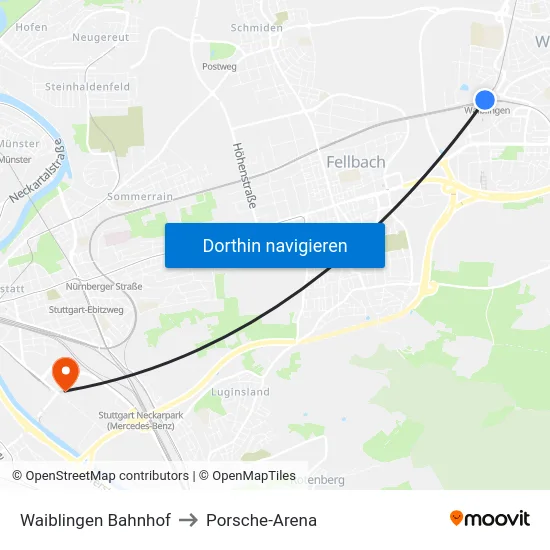 Waiblingen Bahnhof to Porsche-Arena map