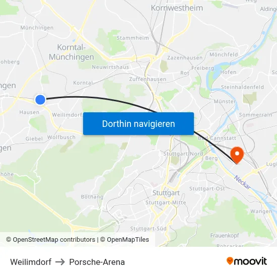 Weilimdorf to Porsche-Arena map