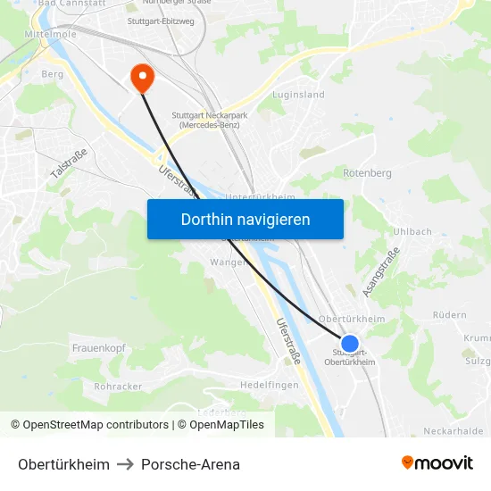 Obertürkheim to Porsche-Arena map
