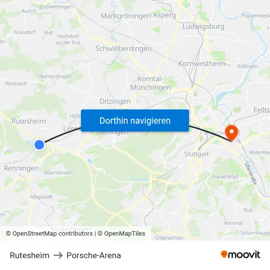 Rutesheim to Porsche-Arena map