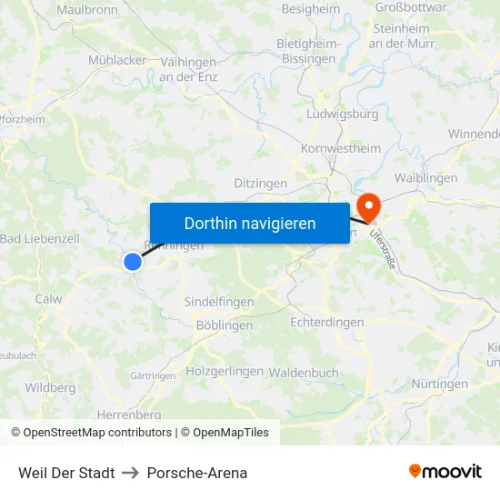 Weil Der Stadt to Porsche-Arena map