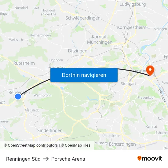 Renningen Süd to Porsche-Arena map