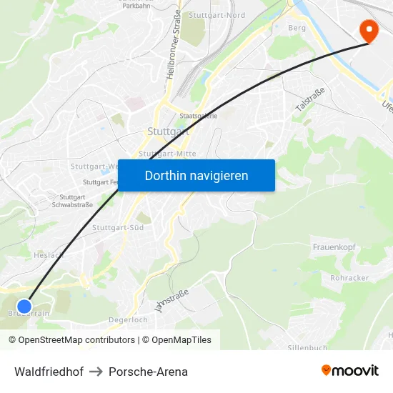 Waldfriedhof to Porsche-Arena map