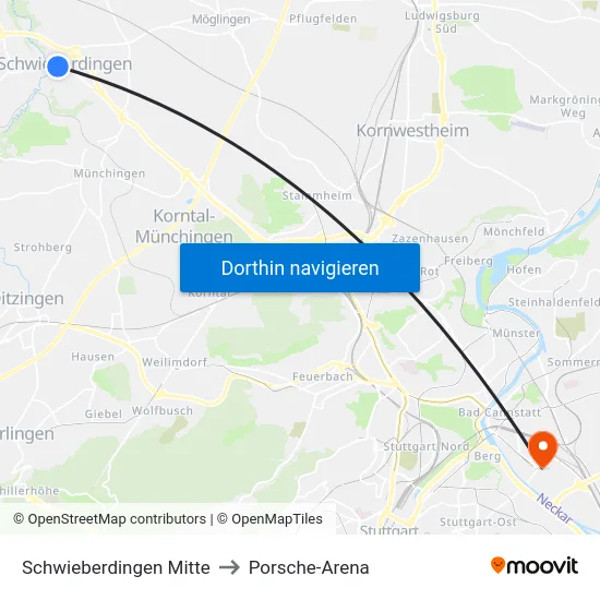 Schwieberdingen Mitte to Porsche-Arena map