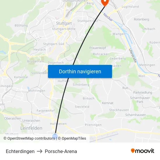 Echterdingen to Porsche-Arena map