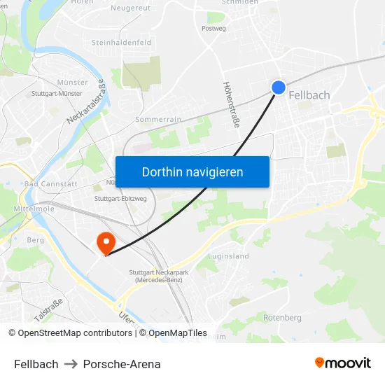 Fellbach to Porsche-Arena map