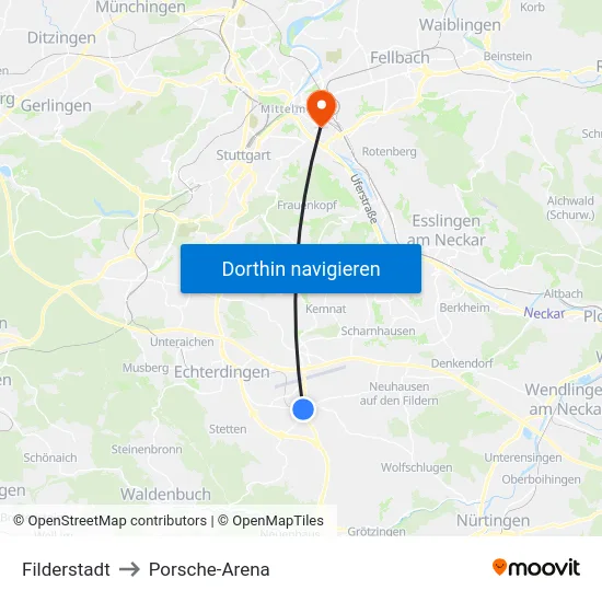 Filderstadt to Porsche-Arena map