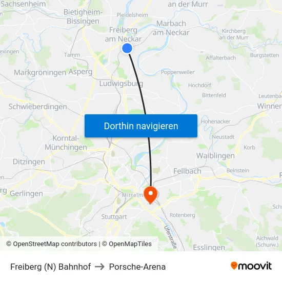 Freiberg (N) Bahnhof to Porsche-Arena map