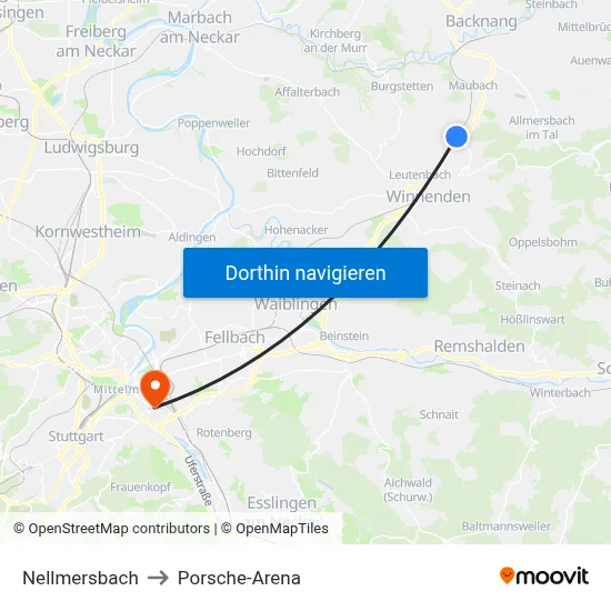 Nellmersbach to Porsche-Arena map