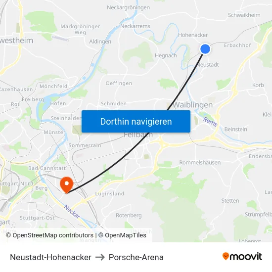 Neustadt-Hohenacker to Porsche-Arena map
