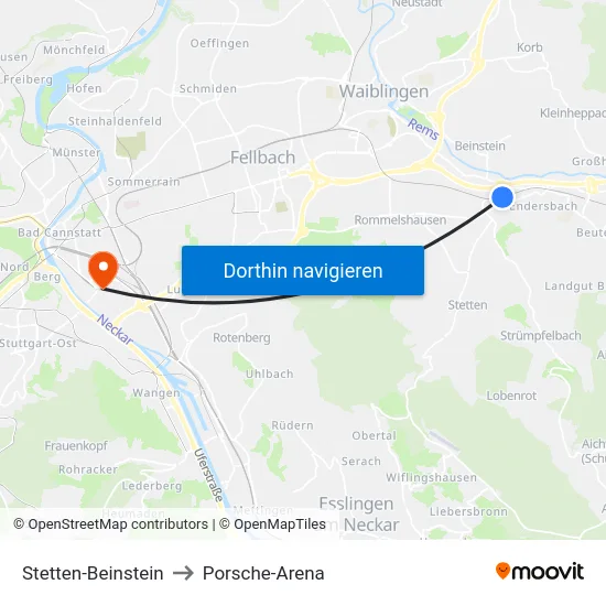 Stetten-Beinstein to Porsche-Arena map