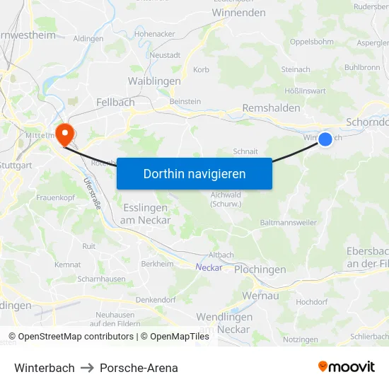 Winterbach to Porsche-Arena map