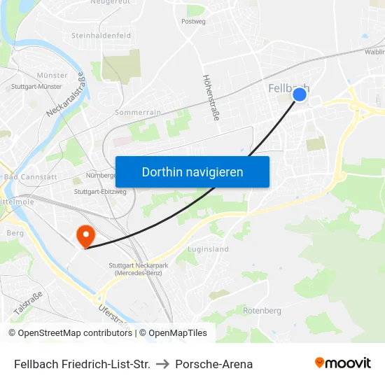 Fellbach Friedrich-List-Str. to Porsche-Arena map