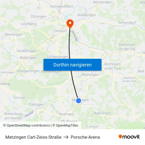 Metzingen Carl-Zeiss-Straße to Porsche-Arena map