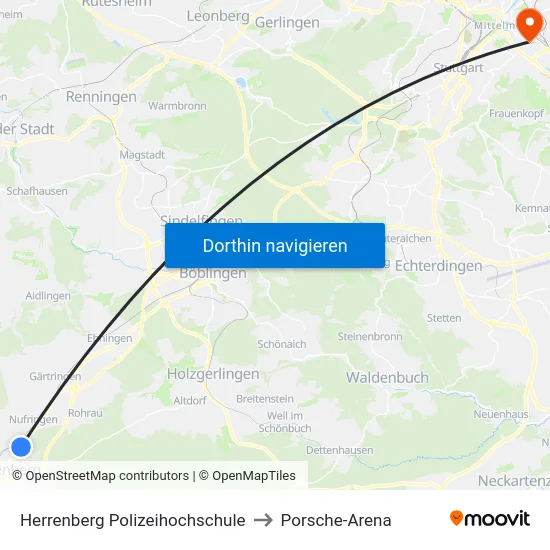 Herrenberg Polizeihochschule to Porsche-Arena map