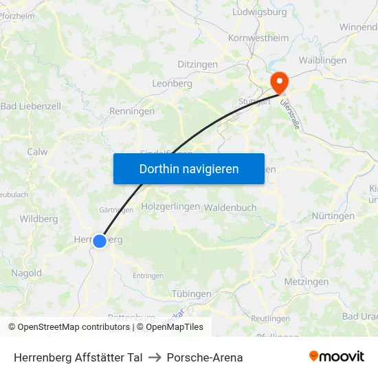 Herrenberg Affstätter Tal to Porsche-Arena map