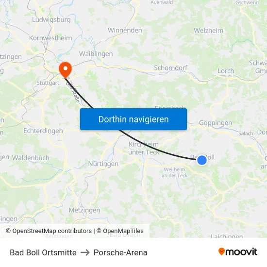 Bad Boll Ortsmitte to Porsche-Arena map