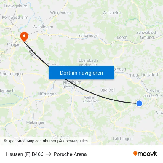 Hausen (F) B466 to Porsche-Arena map