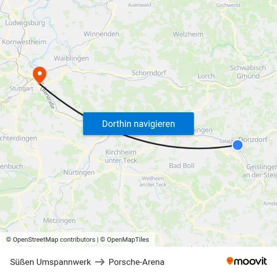 Süßen Umspannwerk to Porsche-Arena map