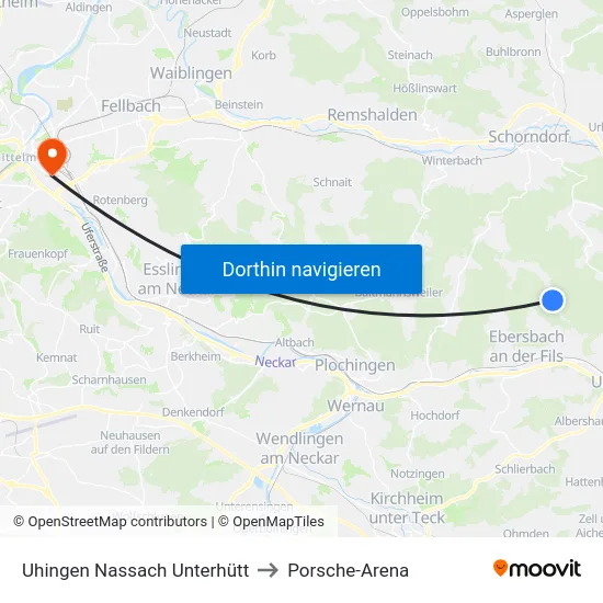 Uhingen Nassach Unterhütt to Porsche-Arena map