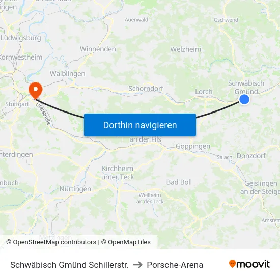 Schwäbisch Gmünd Schillerstr. to Porsche-Arena map