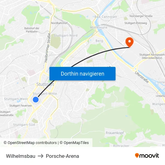 Wilhelmsbau to Porsche-Arena map