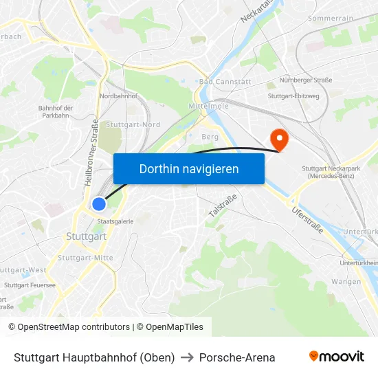 Stuttgart Hauptbahnhof (Oben) to Porsche-Arena map