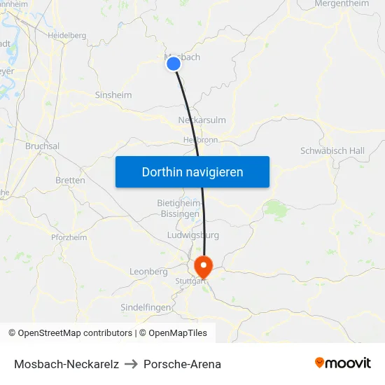 Mosbach-Neckarelz to Porsche-Arena map